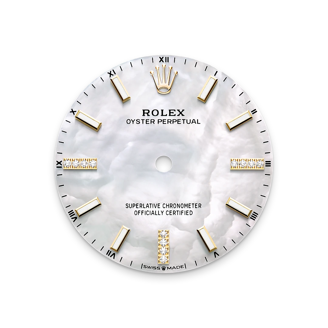 Rolex Oyster Perpetual 34 in yellow gold and diamonds with a White mother-of-pearl set with diamonds dial, Diamond-set  bezel, and Oyster bracelet, m124248rbr-0001 - Goldfinger