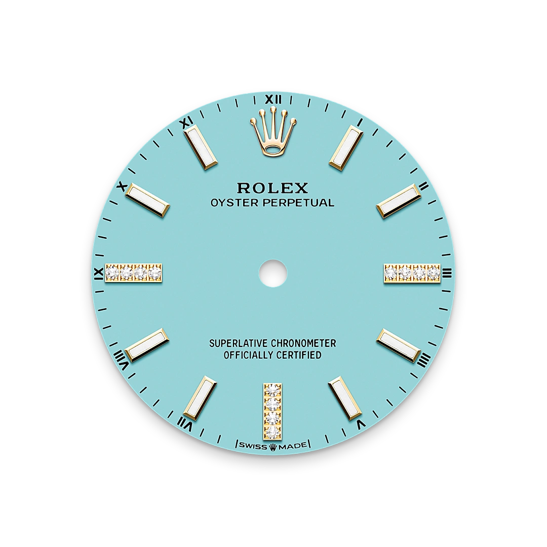 Rolex Oyster Perpetual 34 in yellow gold and diamonds with a Turquoise blue set with diamonds dial, Diamond-set  bezel, and Oyster bracelet, m124248rbr-0002 - Goldfinger