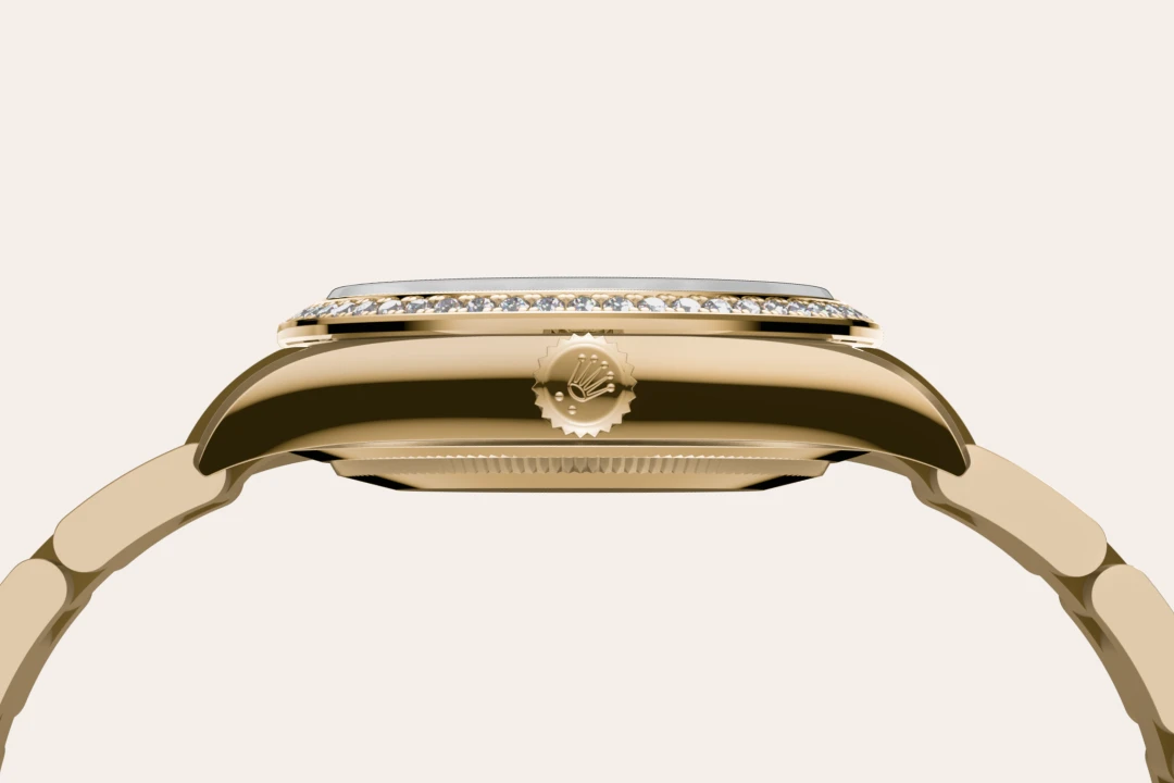 Rolex Oyster Perpetual 34 in yellow gold and diamonds with a Turquoise blue set with diamonds dial, Diamond-set  bezel, and Oyster bracelet, m124248rbr-0002 - Goldfinger