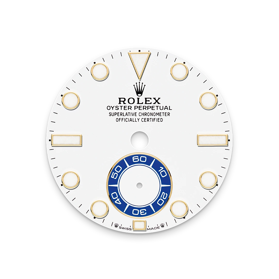 Rolex Yacht-Master II in yellow gold with a White dial, blue Cerachrom insert in ceramic bezel, and Oyster bracelet, m126688-0001 - Goldfinger