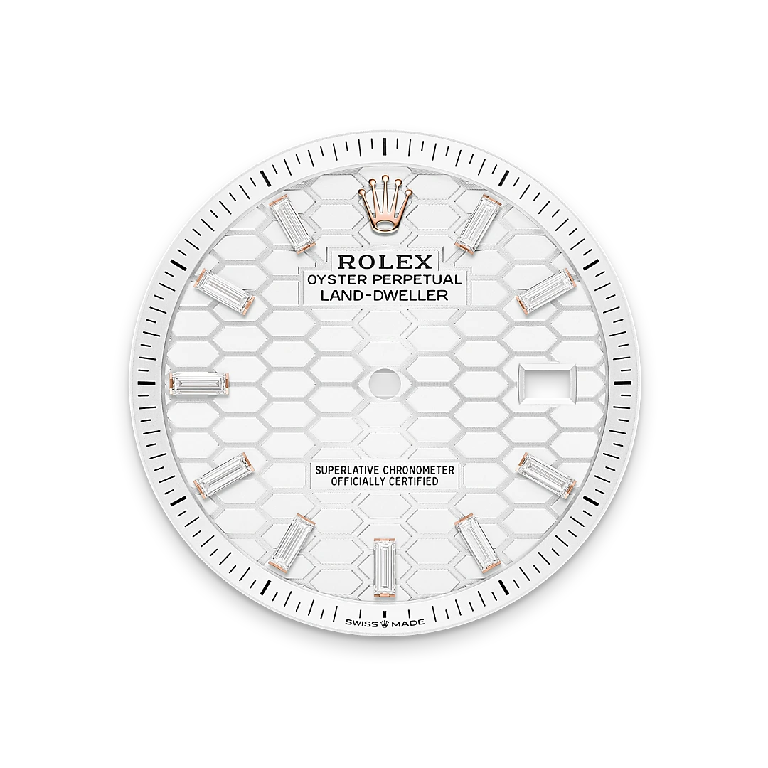 Rolex Land-Dweller 40 en or Everose et diamants avec cadran blanc intense, lunette sertie de diamants, bracelet Jubilee, m127385tbr-0003 - Goldfinger