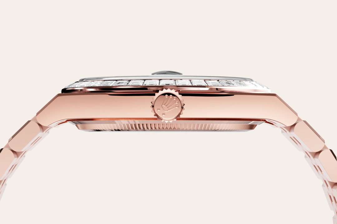 Rolex Land-Dweller 40 en or Everose et diamants avec cadran blanc intense, lunette sertie de diamants, bracelet Jubilee, m127385tbr-0003 - Goldfinger Rolex Land-Dweller 40 en or Everose et diamants avec cadran blanc intense, lunette sertie de diamants, bracelet Jubilee, m127385tbr-0003 - Goldfinger