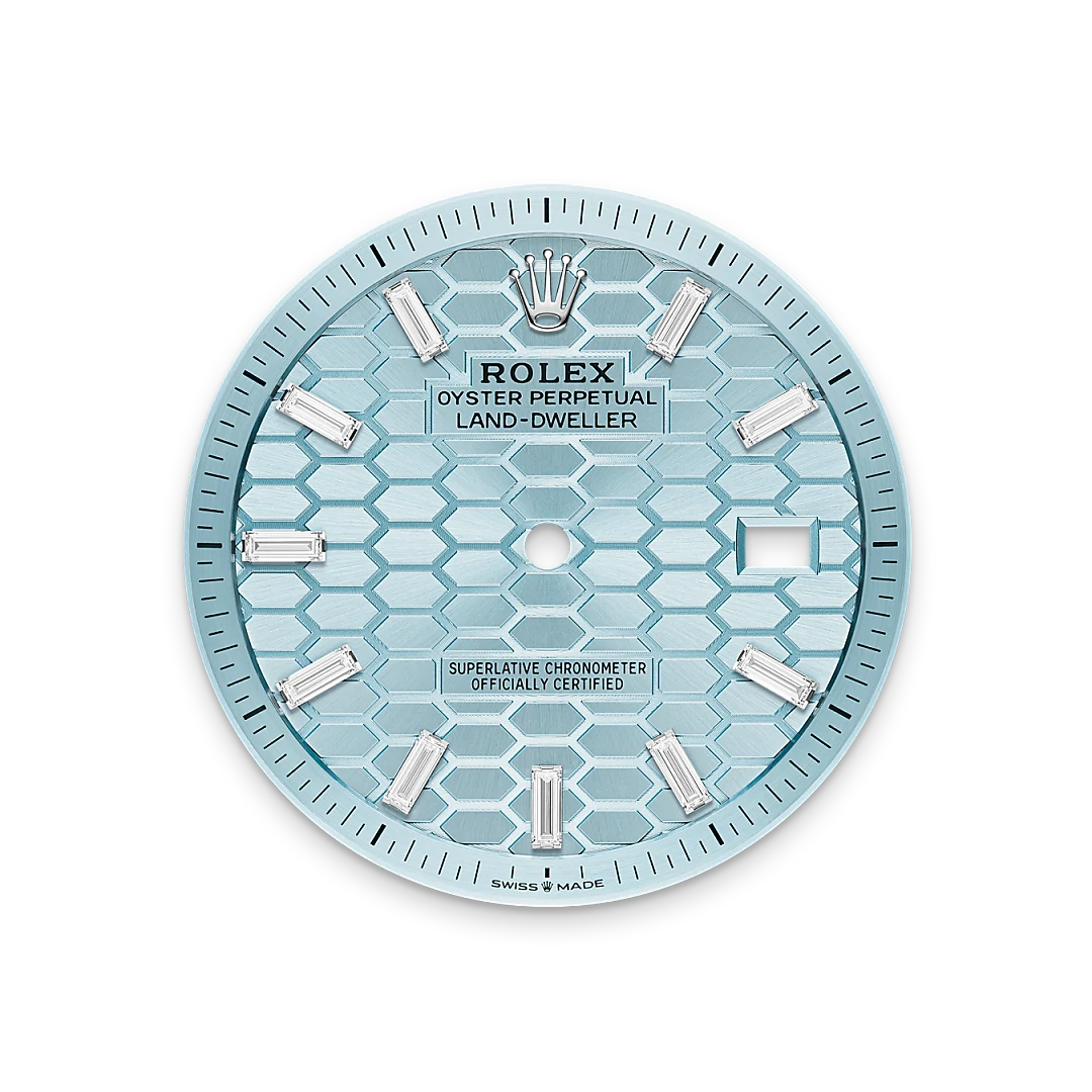 Rolex Land-Dweller 40 en platine et diamants avec cadran bleu acier, lunette sertie de diamants, bracelet Jubilee, m127386tbr-0001 - Goldfinger