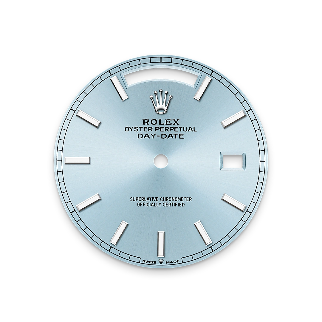 Rolex Day-Date 40 in platinum with an ice blue dial, fluted bezel, and President bracelet, m228236-0018 - Goldfinger Rolex Day-Date 40 in platinum with an ice blue dial, fluted bezel, and President bracelet, m228236-0018 - Goldfinger