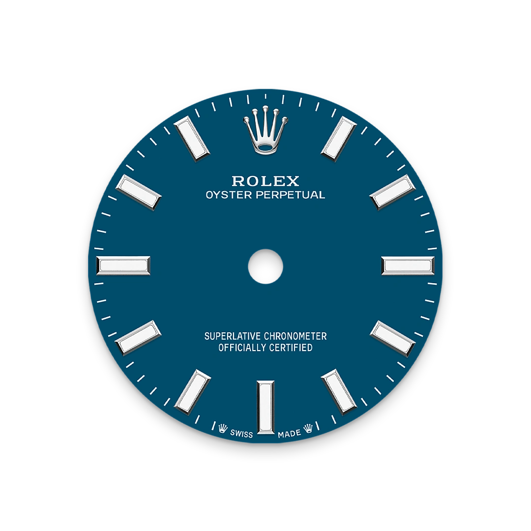 Rolex Oyster Perpetual 28 en acier Oystersteel, cadran Med blue et bracelet Oyster – Goldfinger