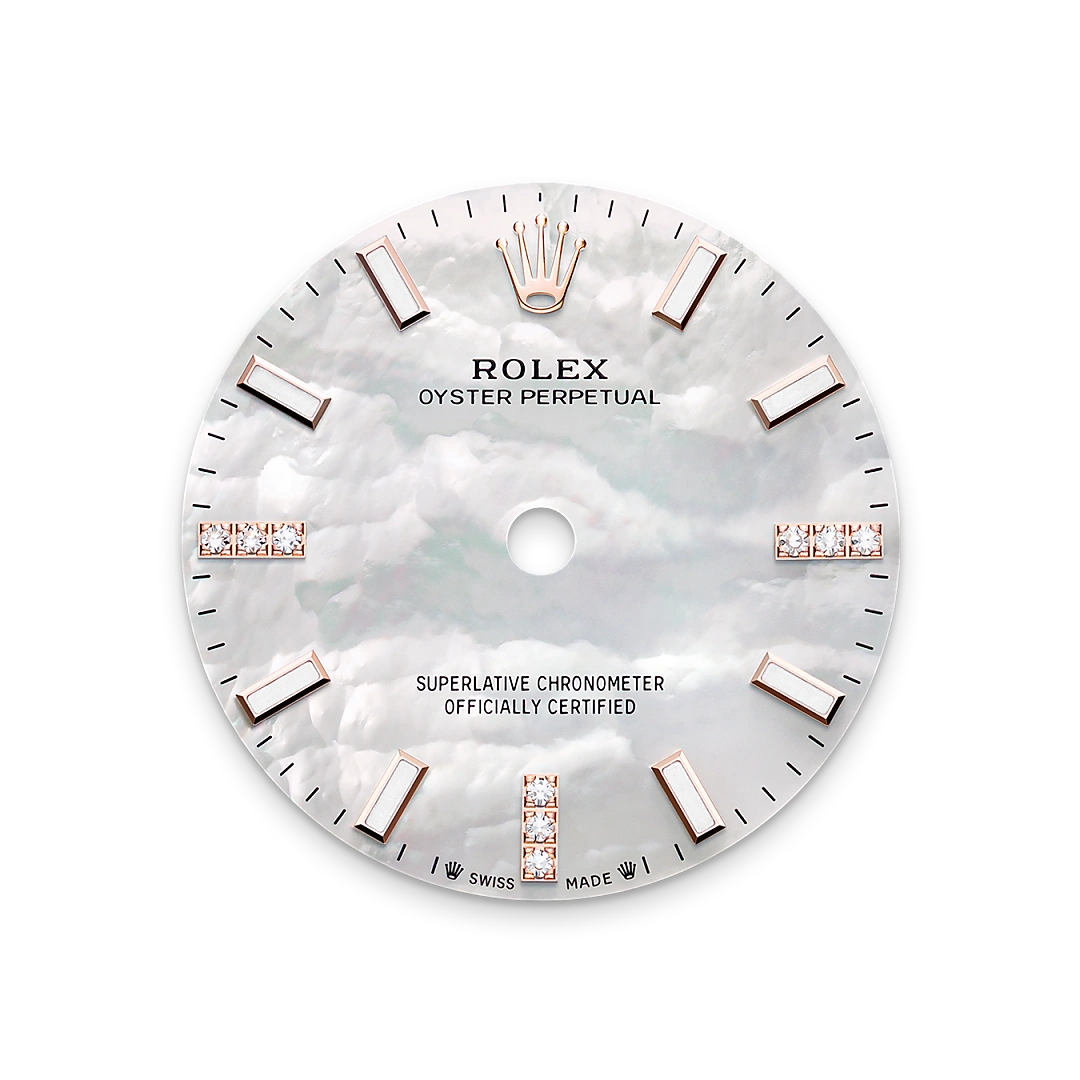 Rolex Oyster Perpetual 28 in Everose gold and diamonds with a White mother-of-pearl set with diamonds dial, Diamond-set  bezel, and Oyster bracelet, m276245rbr-0001 - Goldfinger