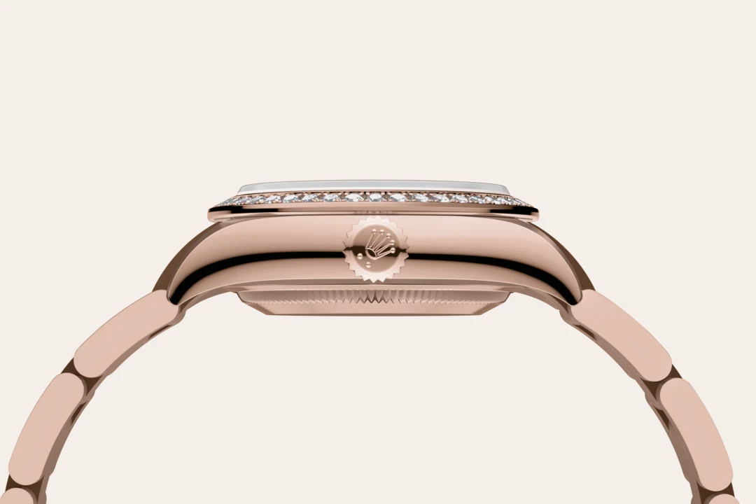 Rolex Oyster Perpetual 28 in Everose gold and diamonds with a Brown stone set with diamonds dial, Diamond-set  bezel, and Oyster bracelet, m276245rbr-0002 - Goldfinger