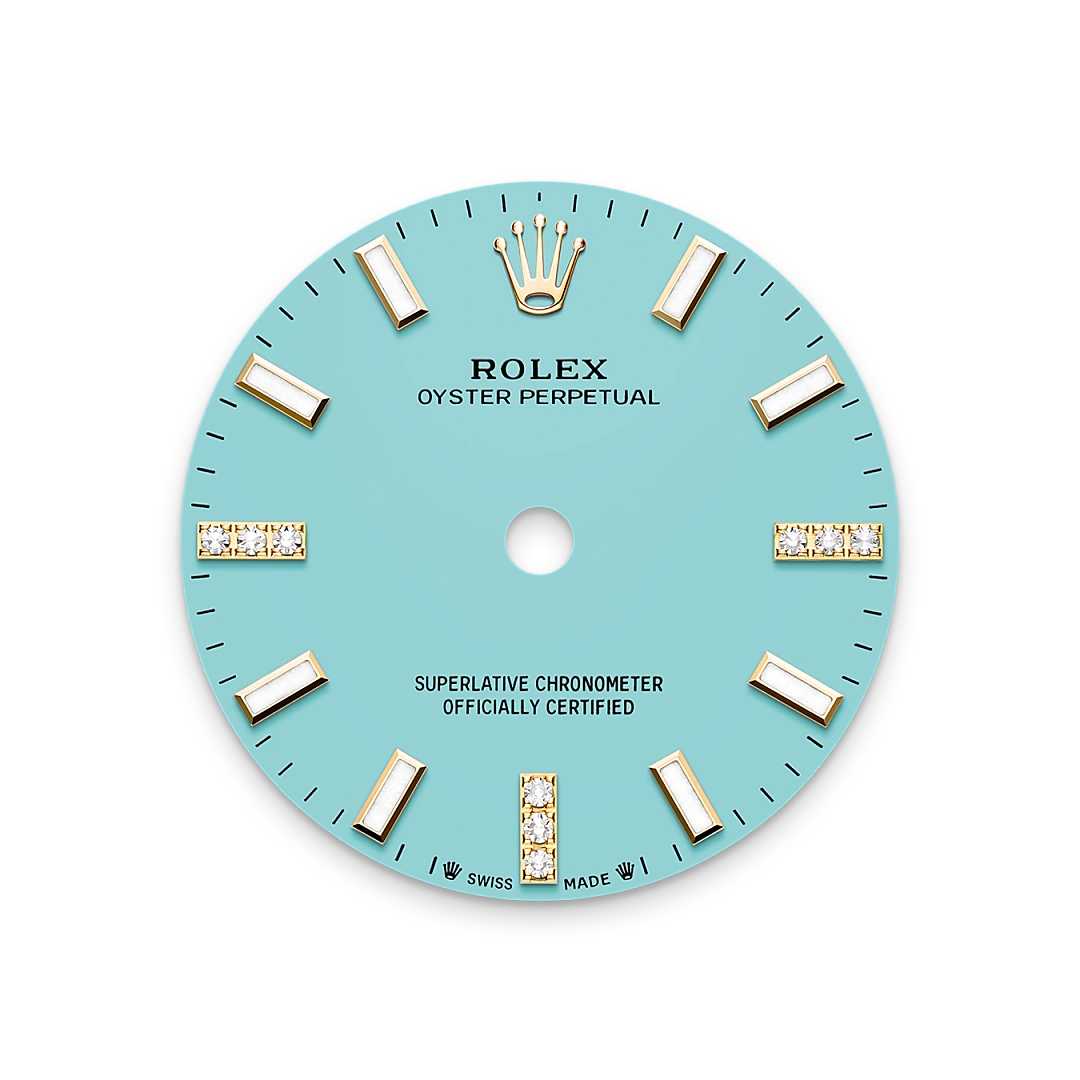Rolex Oyster Perpetual 28 in yellow gold and diamonds with a Turquoise blue set with diamonds dial, Set with 44 brilliant-cut diamonds  bezel, and Oyster bracelet, m276248rbr-0001 - Goldfinger