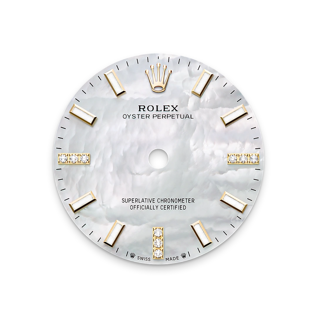 Rolex Oyster Perpetual 28 en or jaune et diamants, cadran Nacre blanche, serti de diamants et bracelet Oyster, m276248rbr-0002 - Goldfinger