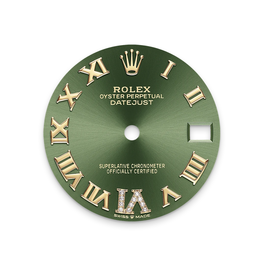 Rolex Datejust 31 in Oystersteel, yellow gold and diamonds with an Olive green Domed, set with diamonds dial, and Oyster bracelet, m278343rbr-0015 - Goldfinger