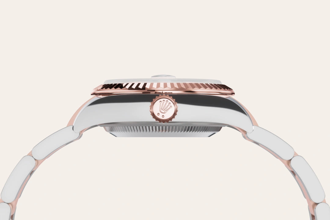Rolex Lady-Datejust 28 in Oystersteel and Everose gold with a Rosé-colour set with diamonds dial, fluted bezel, and Oyster bracelet, m279171-0028 - Goldfinger