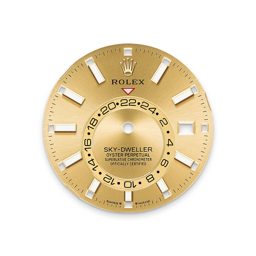 Rolex Sky-Dweller or jaune avec cadran couleur champagne, lunette cannelée tournante unidirectionnelle, bracelet Oyster, m336938-0001 - Goldfinger