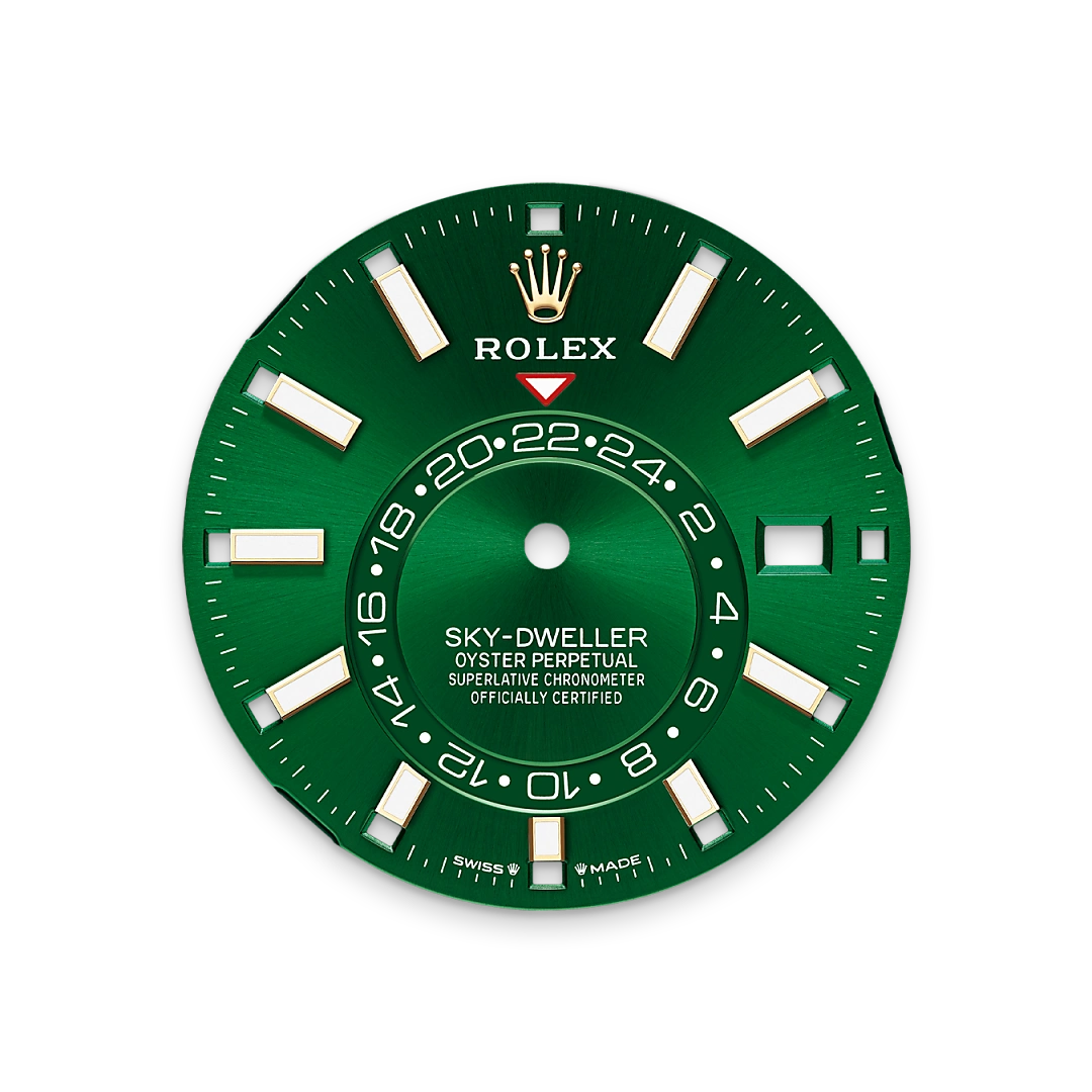 Rolex Sky-Dweller in yellow gold with a Bright green dial, fluted bezel, and Oyster bracelet, m336938-0007 - Goldfinger Rolex Sky-Dweller in yellow gold with a Bright green dial, fluted bezel, and Oyster bracelet, m336938-0007 - Goldfinger