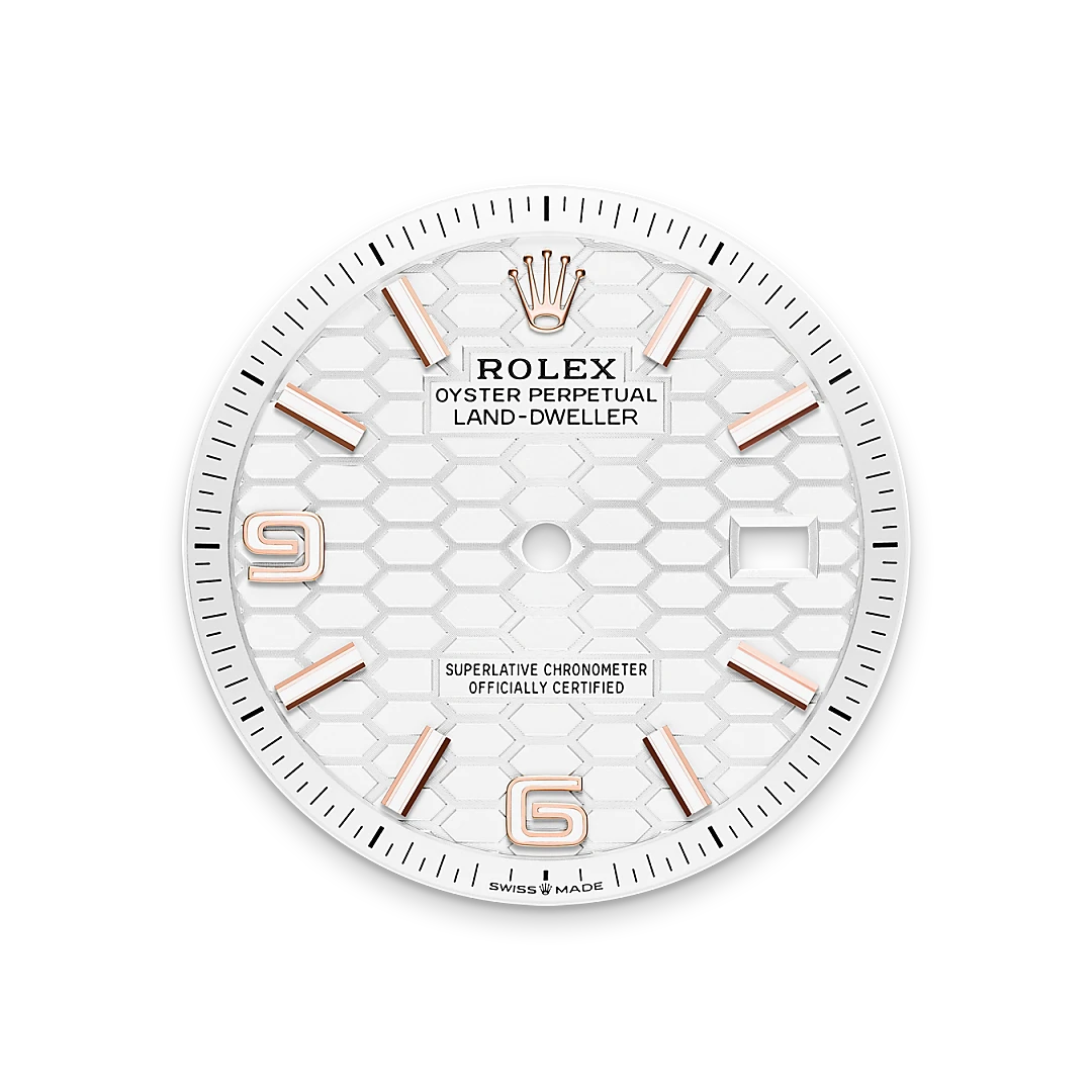 Rolex Land-Dweller 36 en or Everose avec cadran blanc intense, lunette cannelée, bracelet Jubilee, m127235-0001 - Goldfinger